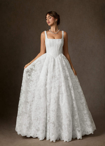 Diamond White Ball-Gown Square Neckline Lace Dress