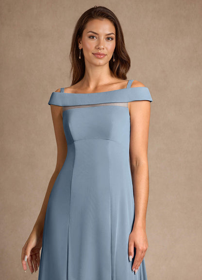 Dusty Blue A-Line Off the Shoulder Mesh Dress