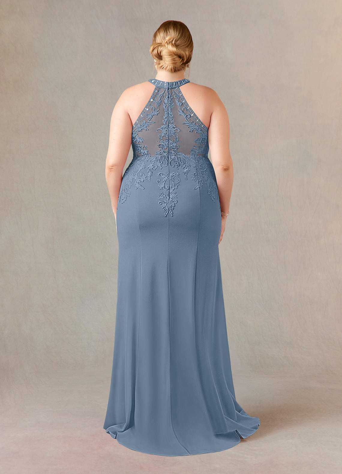 Dusty Blue Mermaid Halter Lace Stretch Crepe Dress