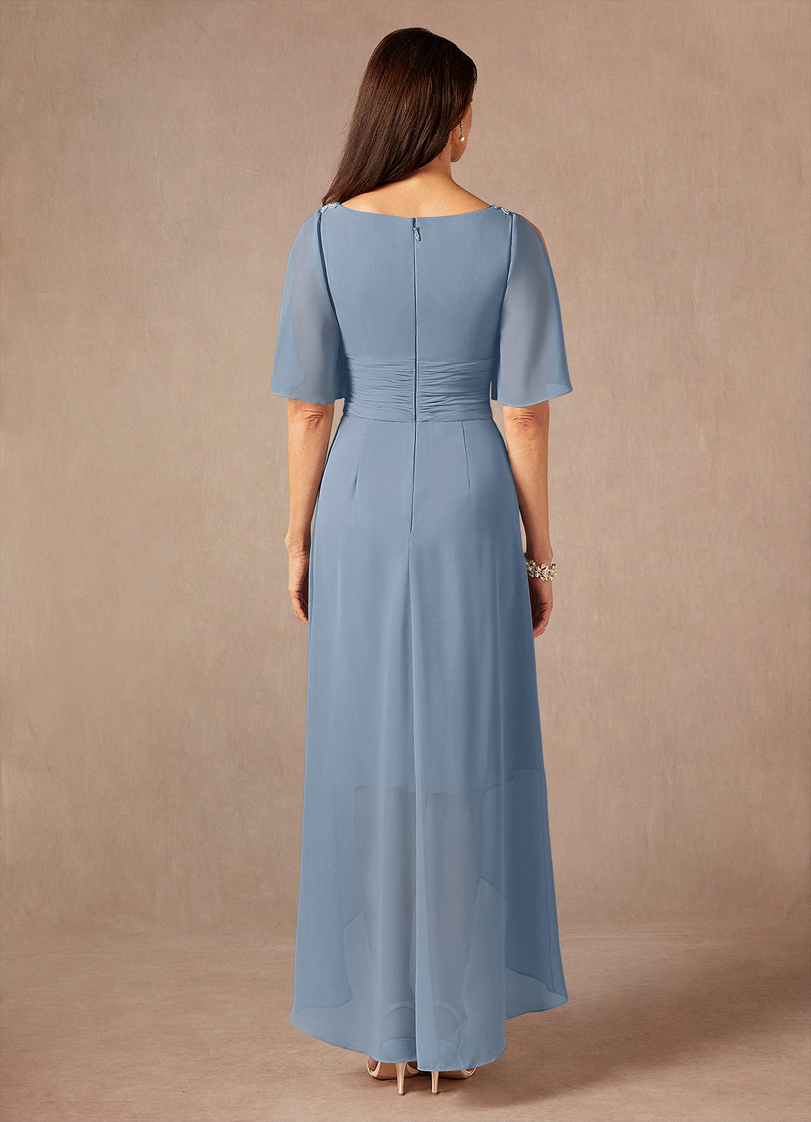 Dusty Blue A-Line Pleated Chiffon Dress