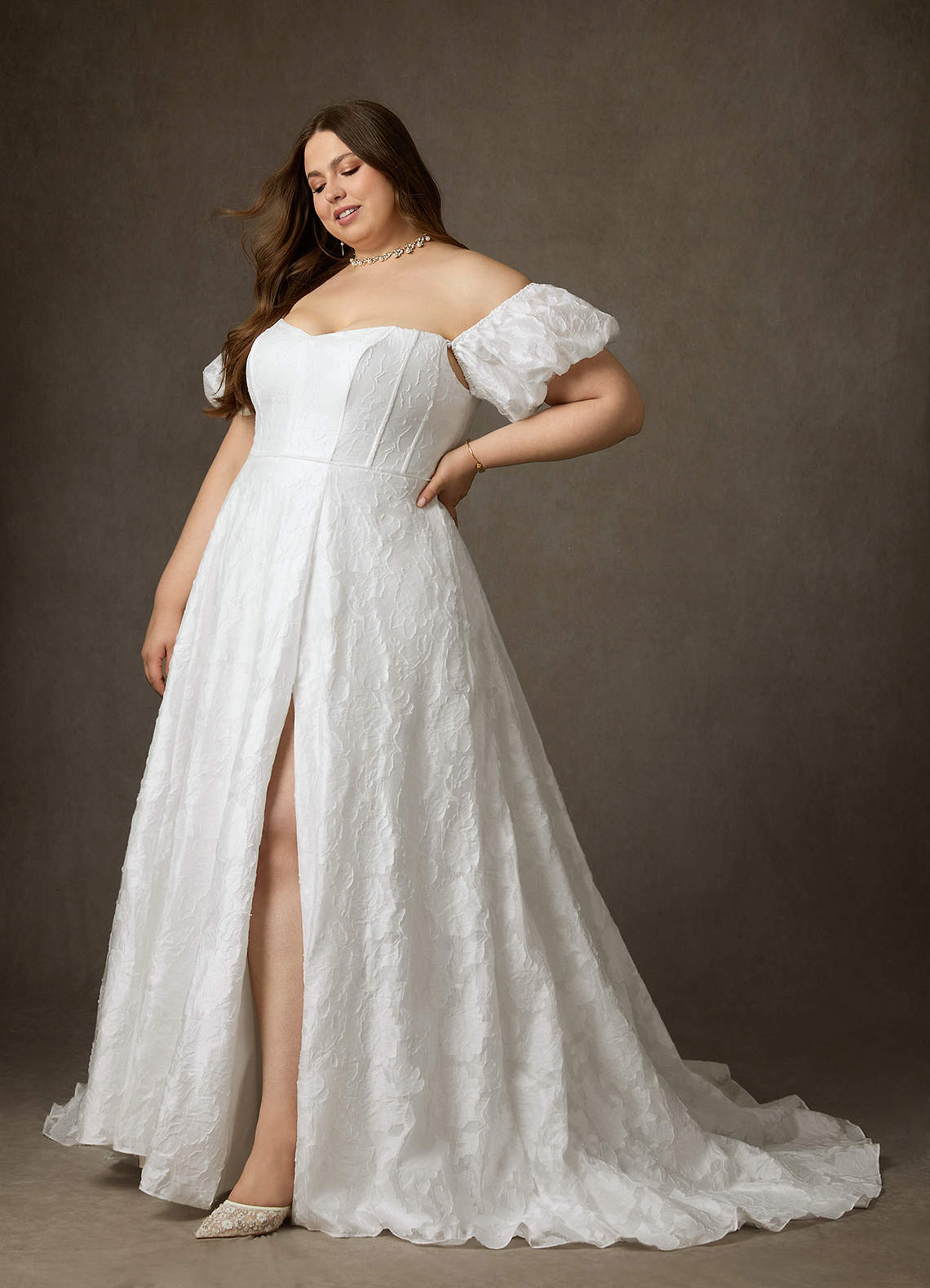 Diamond White Ball-Gown Sweetheart Neckline Floral Burnout Jacquard Dress