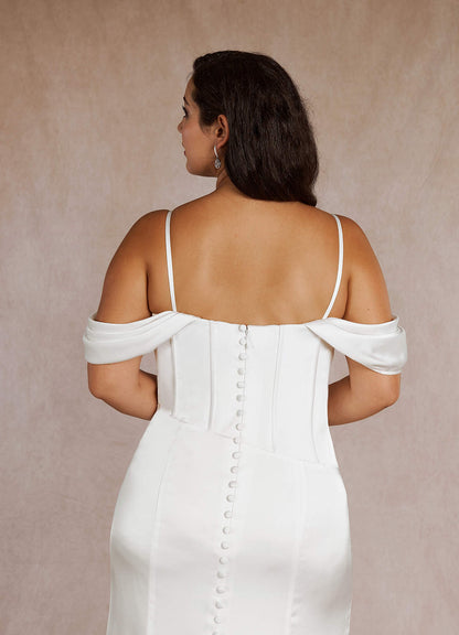 Diamond White Mermaid Off the Shoulder Stretch Satin Dress