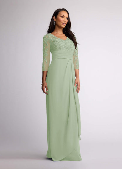Dusty Sage Sheath V-Neck Lace Chiffon Dress