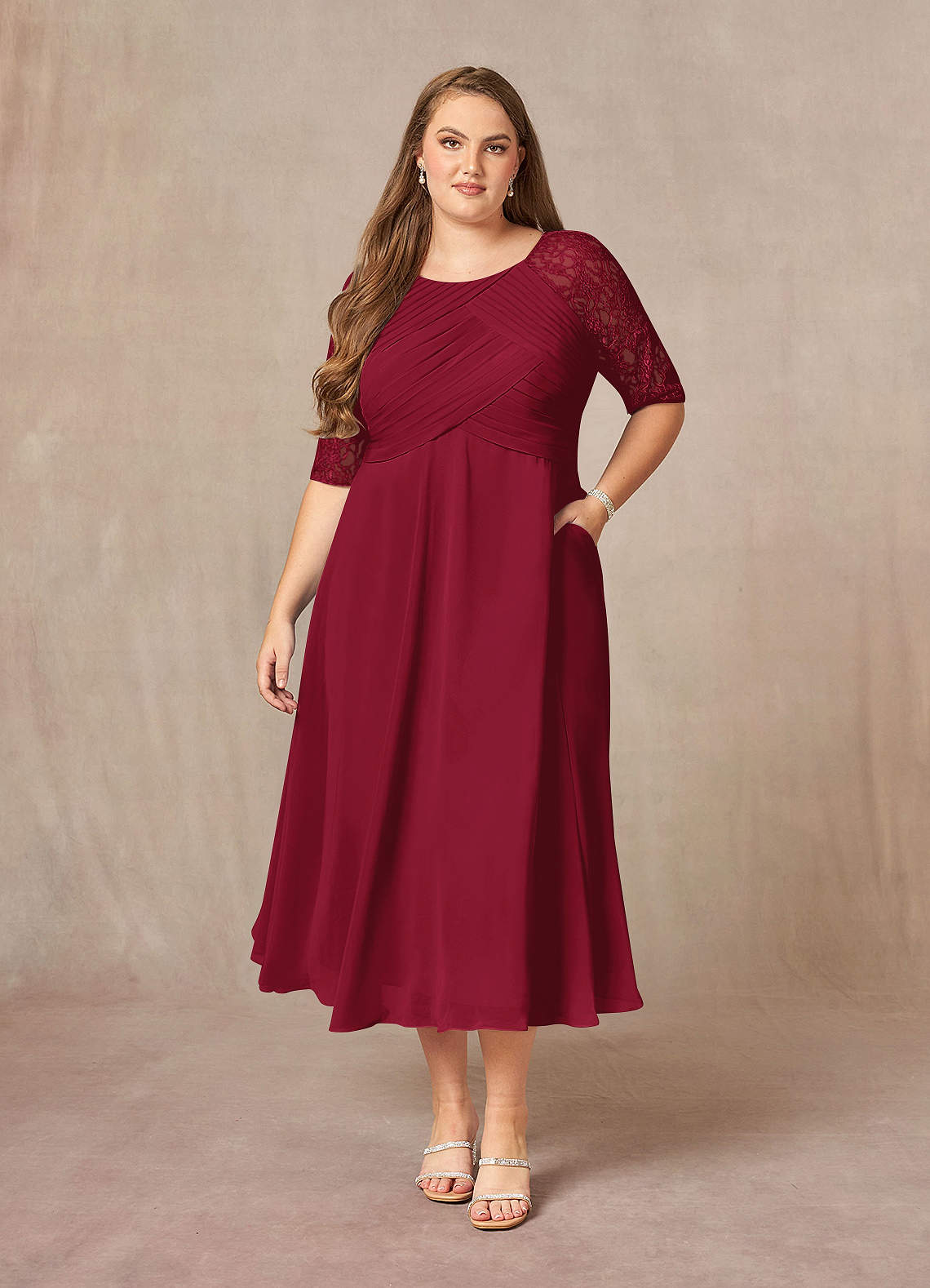 Burgundy A-Line Scoop lace Chiffon Dress