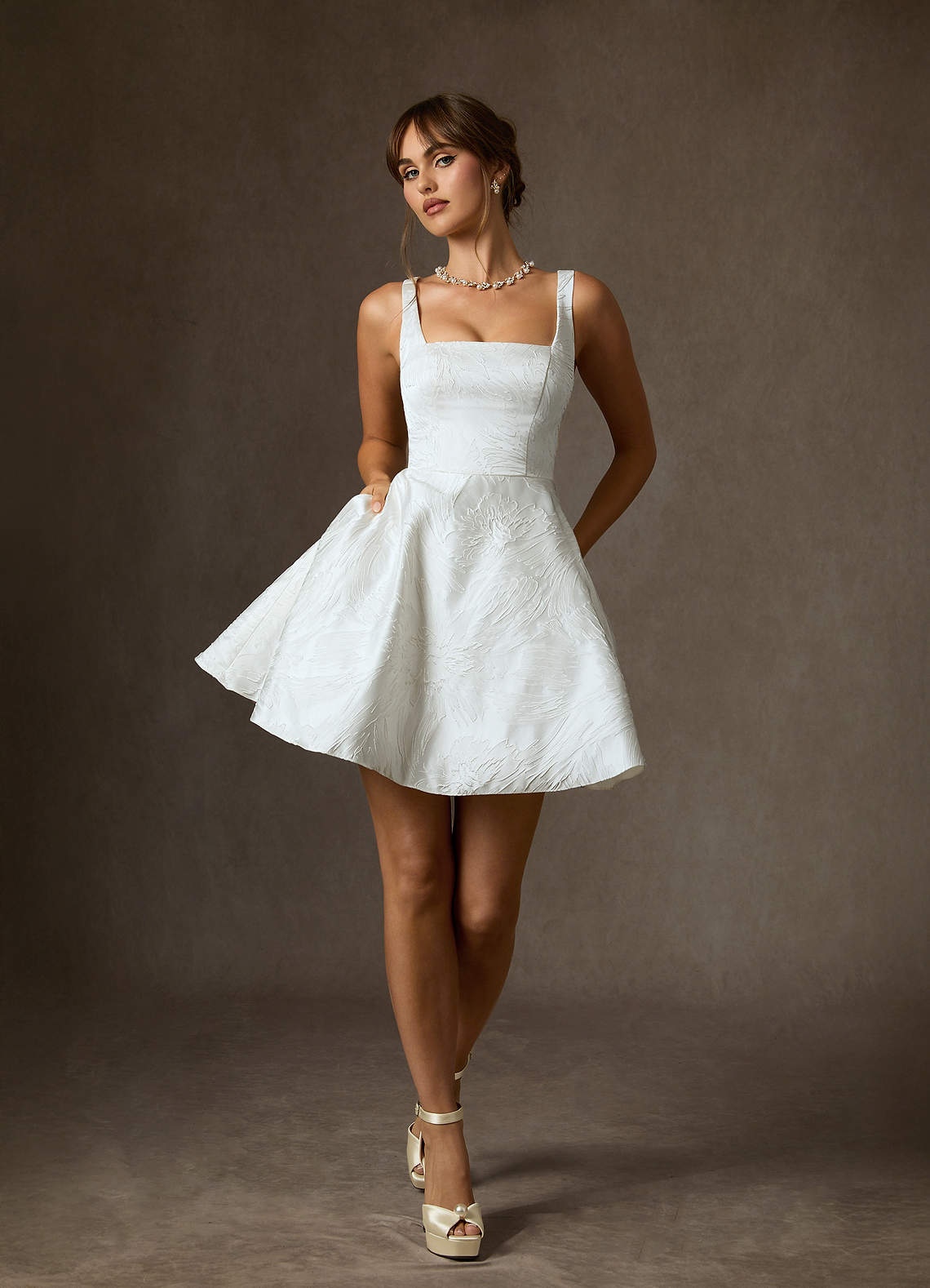 Diamond White A-Line with Pockets Floral Jacquard Dress