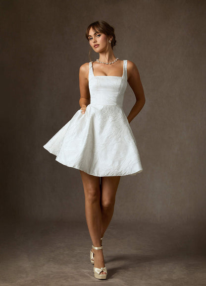 Diamond White A-Line with Pockets Floral Jacquard Dress