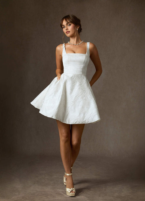 Diamond White A-Line with Pockets Floral Jacquard Dress