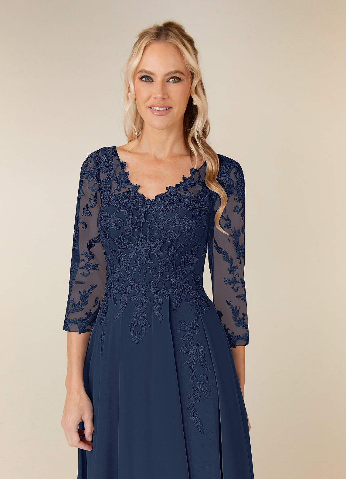 Dark Navy A-Line V-Neck Lace Chiffon Dress