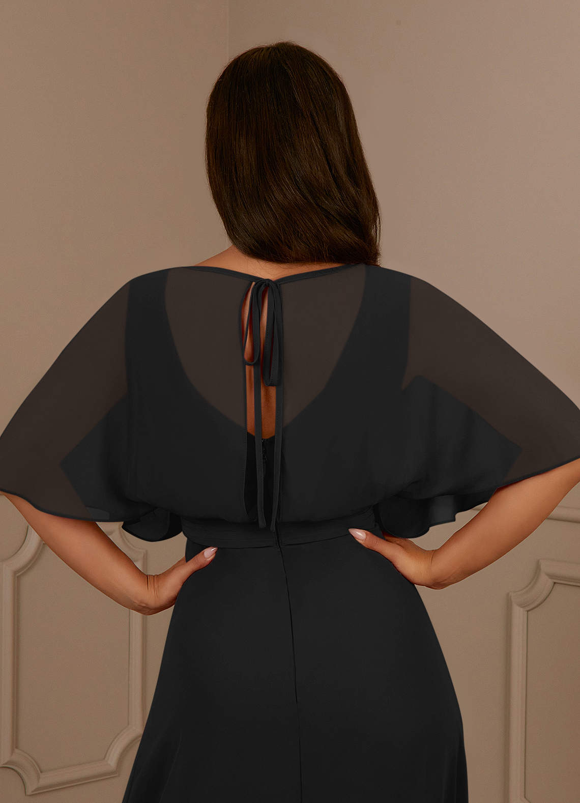 Black A-Line V-Neck Pleated Chiffon Dress