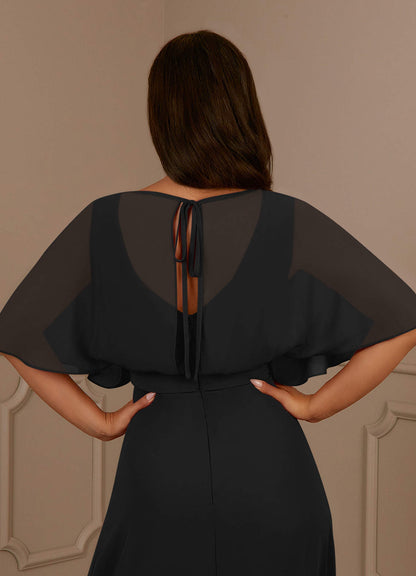 Black A-Line V-Neck Pleated Chiffon Dress