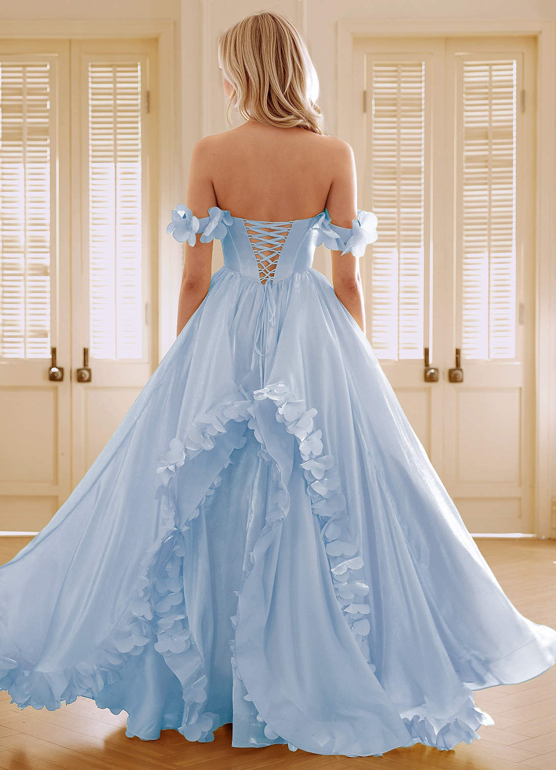 Elysia Sky Blue Corset Rhinestone Sheer Lace Prom Dress