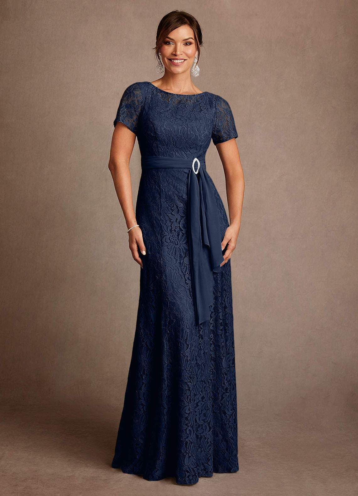 Dark Navy A-Line Lace Chiffon Dress