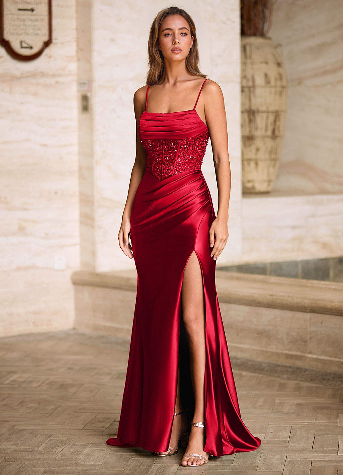 Starlit Red Cowl Neck Prom Dress