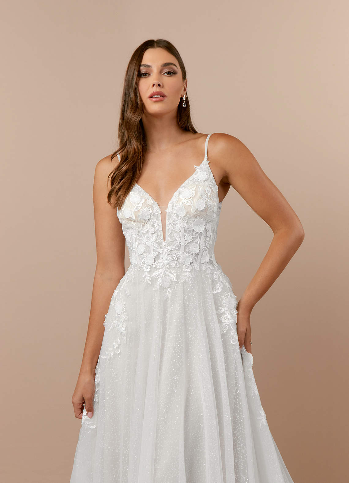Diamond White A-Line V-Neck Lace Tulle Dress