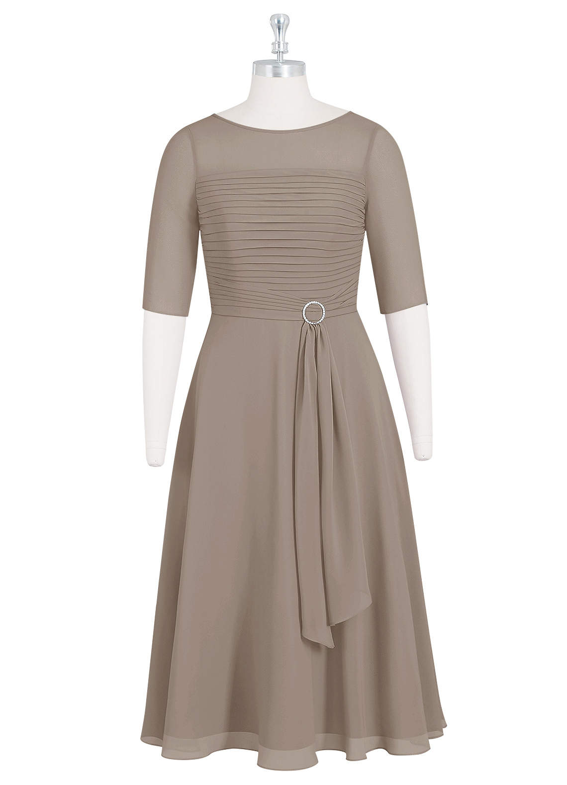 Taupe A-Line Boatneck Pleated Chiffon Dress