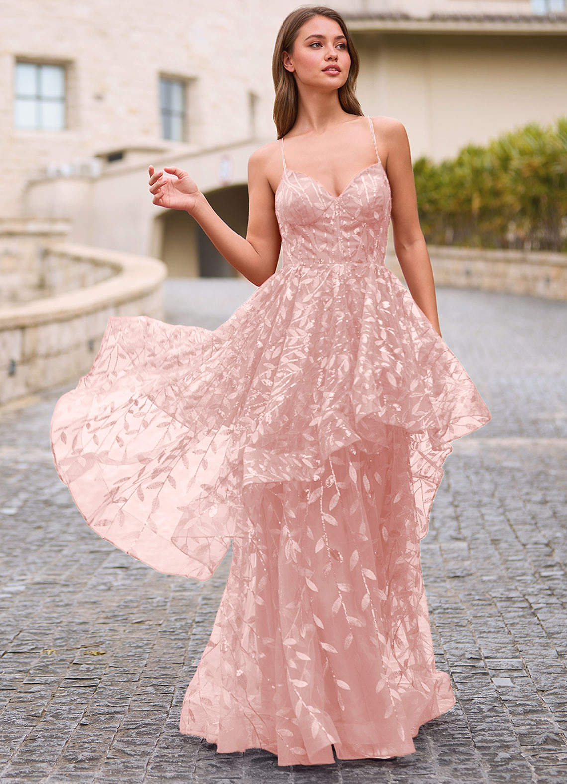 Valentina Pink Embroidered Jacquard Sheer Prom Dress  Dress