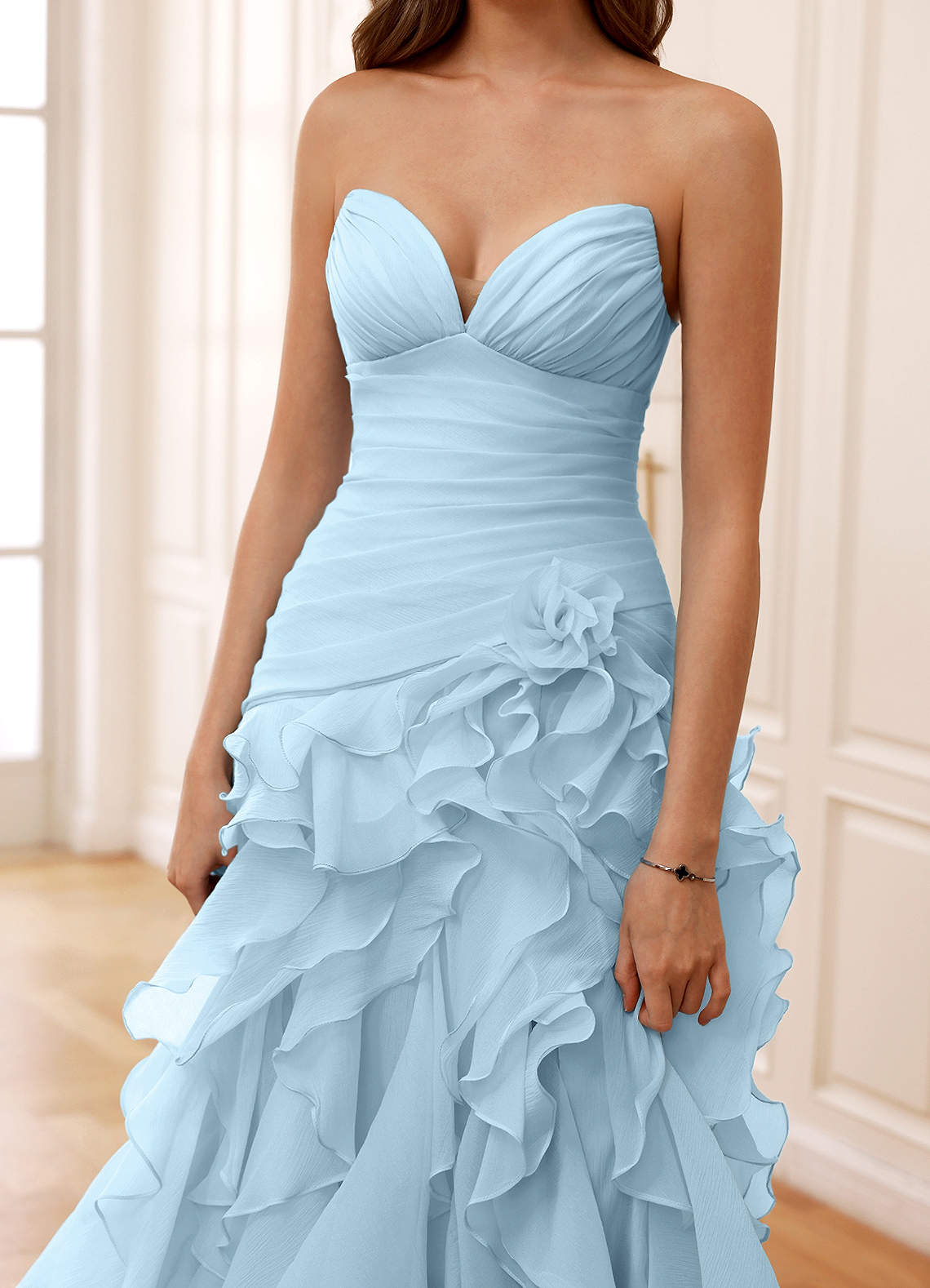 Christabelle Shy Blue Corset Rhinestone Sheer Lace Prom Dress