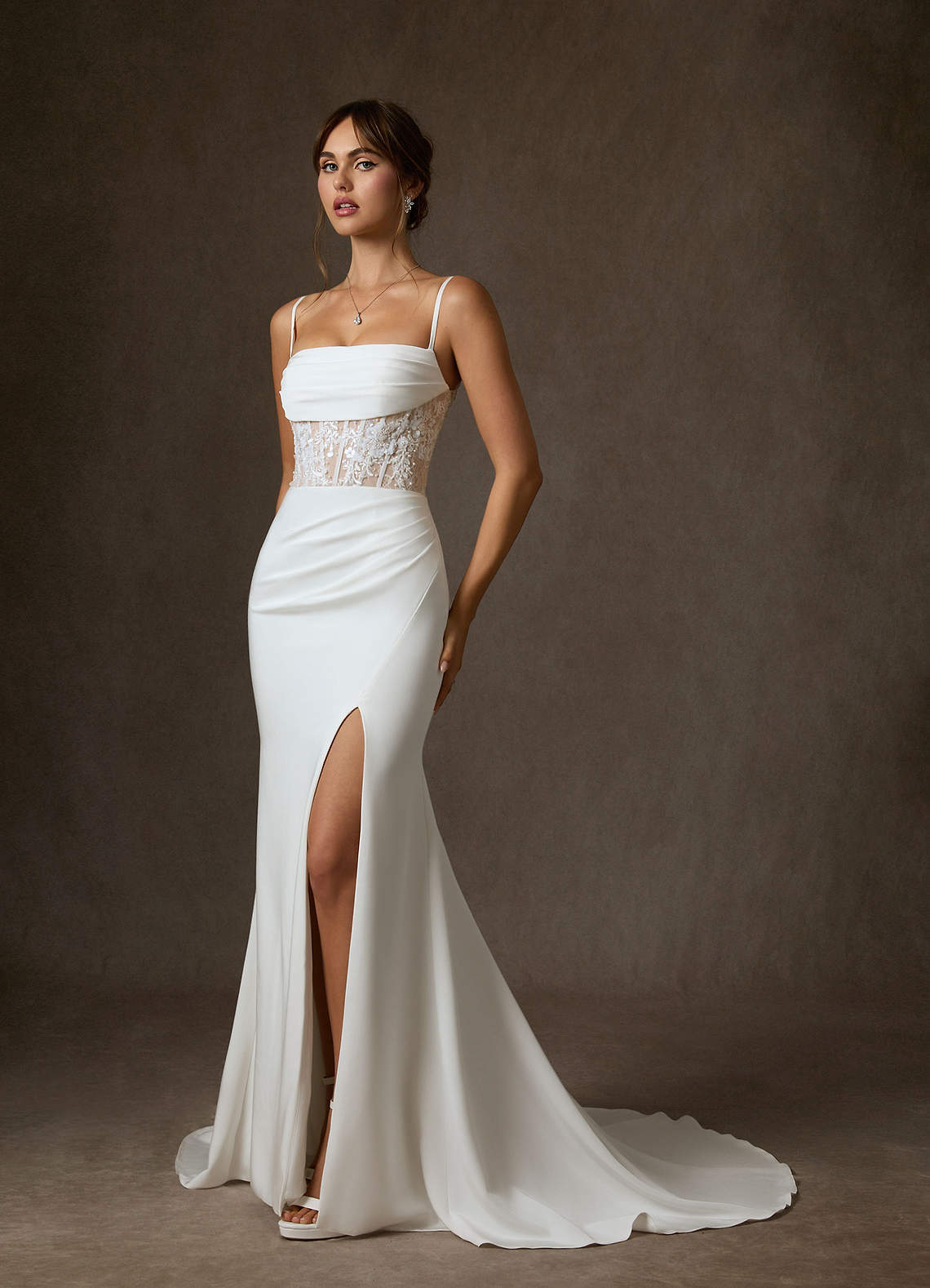 Diamond White Nude Mermaid Off the Shoulder Crepe Back Satin Dress