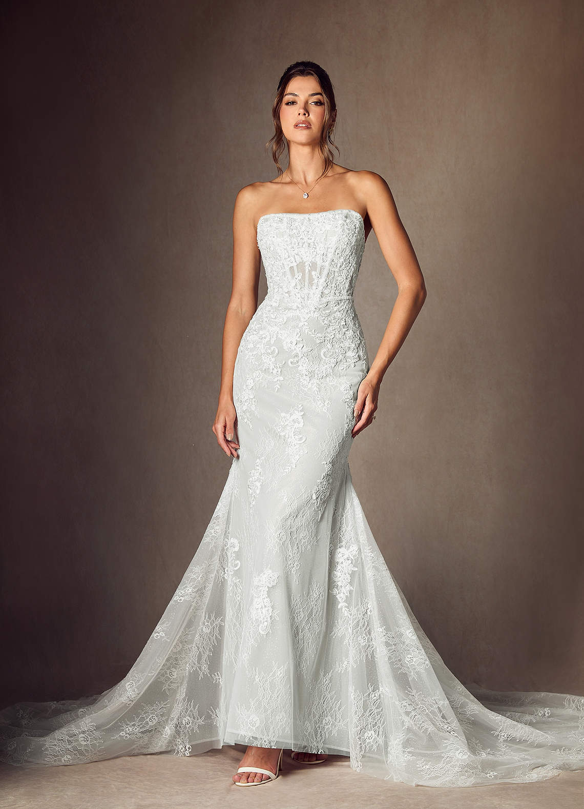 Diamond White Mermaid Strapless Lace Dress