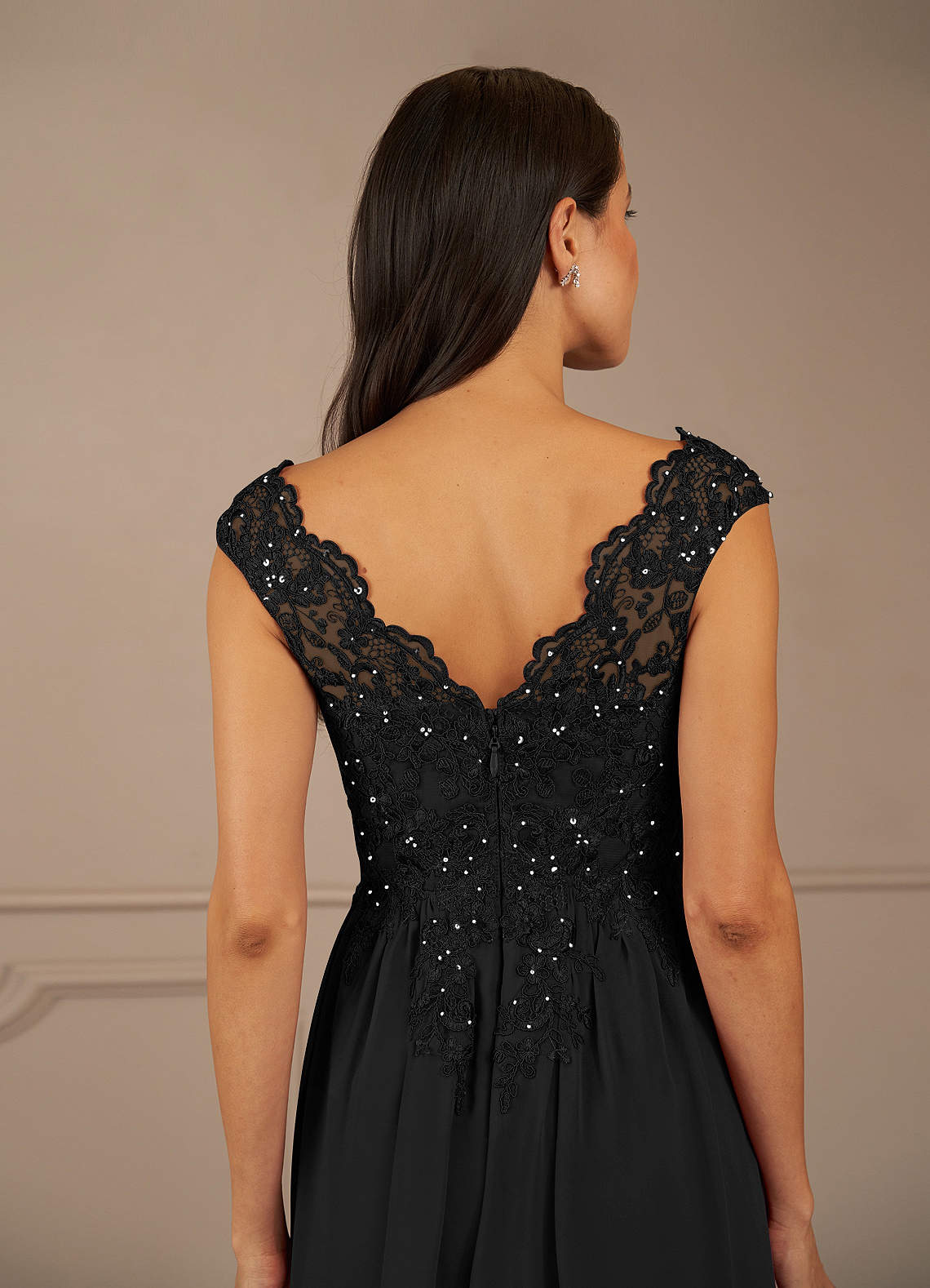 Black A-Line V-Neck Sequins Chiffon Dress