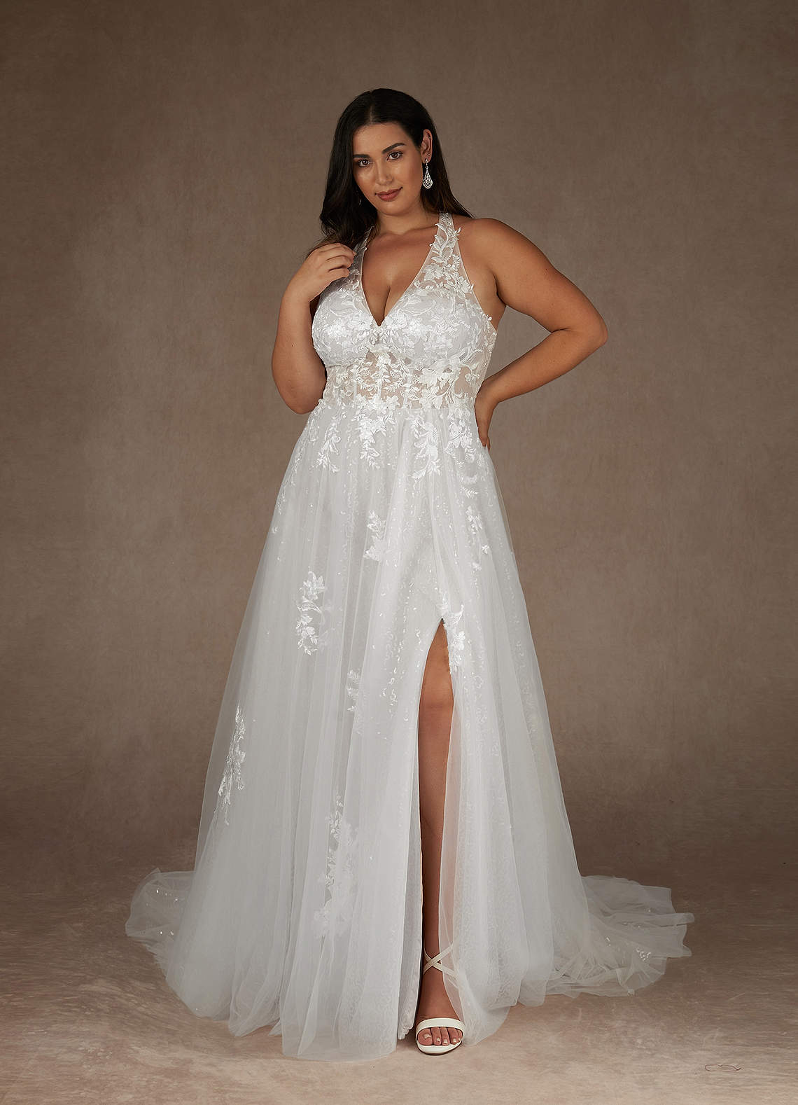 Diamond White A-Line Halter Sequins Tulle Dress