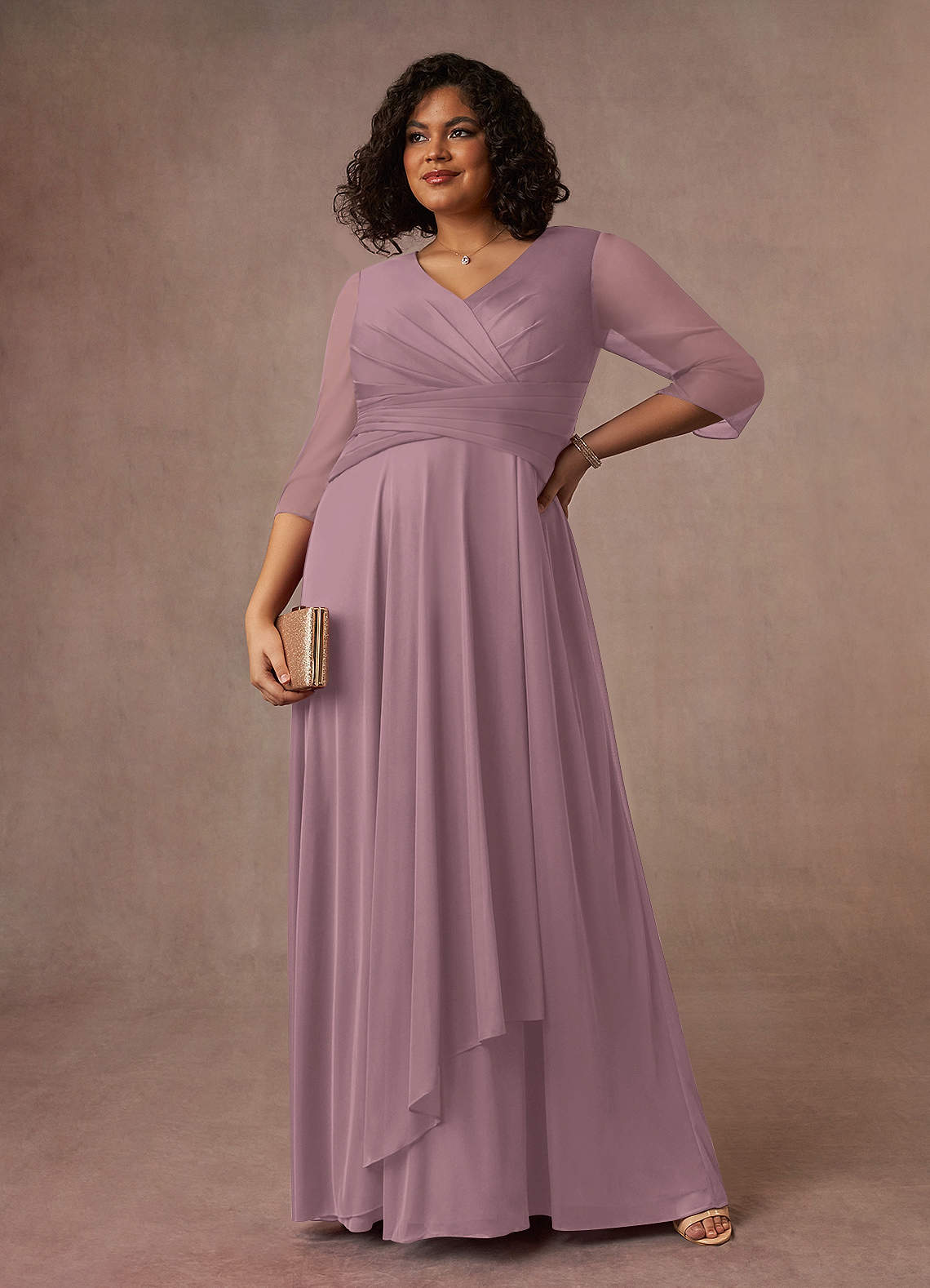 Dusty Rose A-Line V-Neck Pleated Mesh Dress