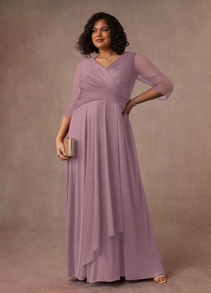 Dusty Rose A-Line V-Neck Pleated Mesh Dress