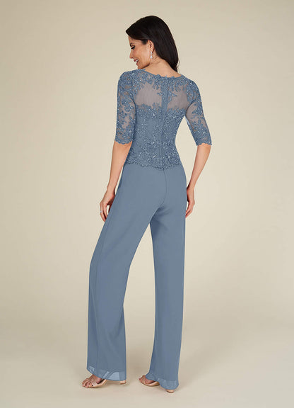 Dusty Blue Jumpsuit/Pantsuit Sequins Chiffon Dress