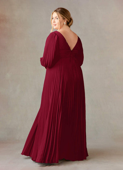 Burgundy A-Line V-Neck Pleated Chiffon Dress