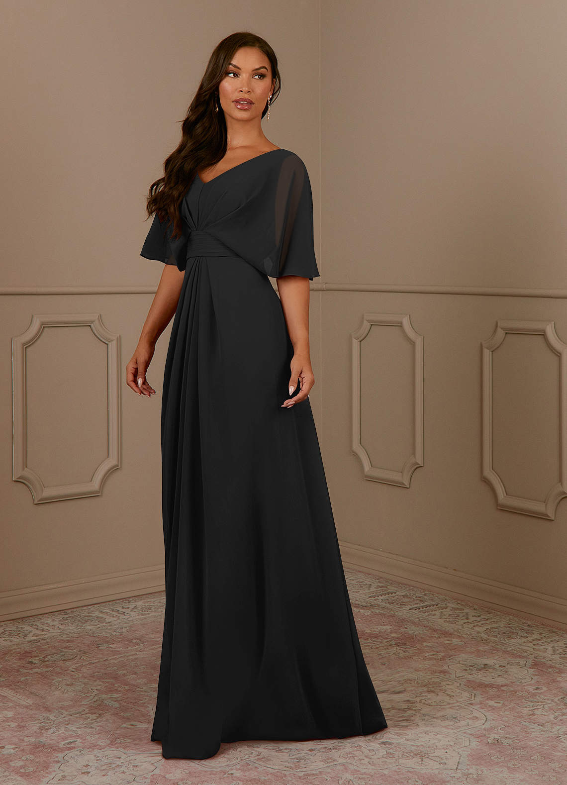 Black A-Line V-Neck Pleated Chiffon Dress