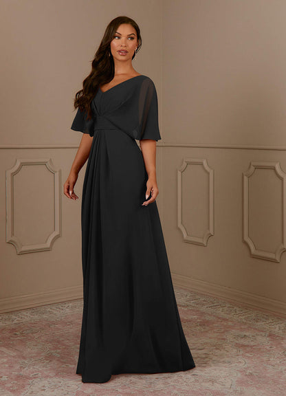 Black A-Line V-Neck Pleated Chiffon Dress