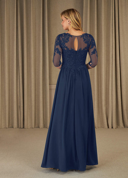 Dark Navy A-Line Scoop Lace Chiffon Dress