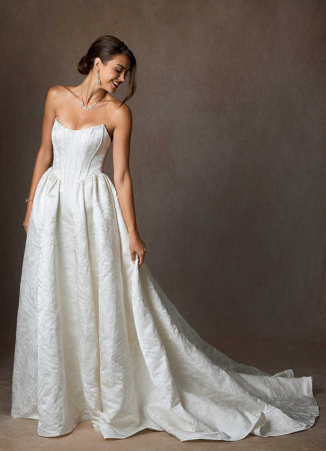 Diamond White Ball-Gown Strapless Floral Jacquard Dress