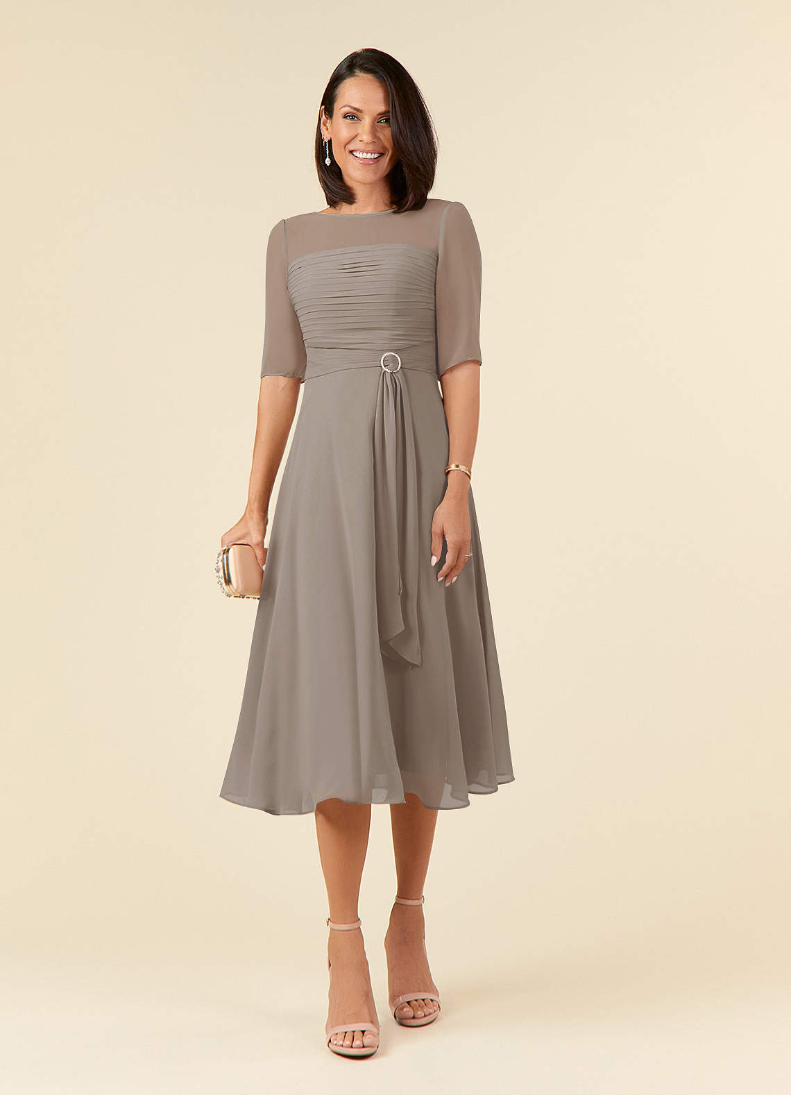 Taupe A-Line Boatneck Pleated Chiffon Dress