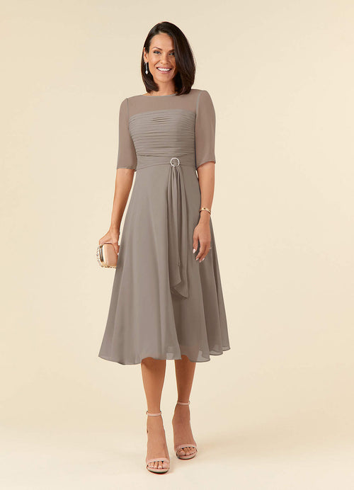 Taupe A-Line Boatneck Pleated Chiffon Dress