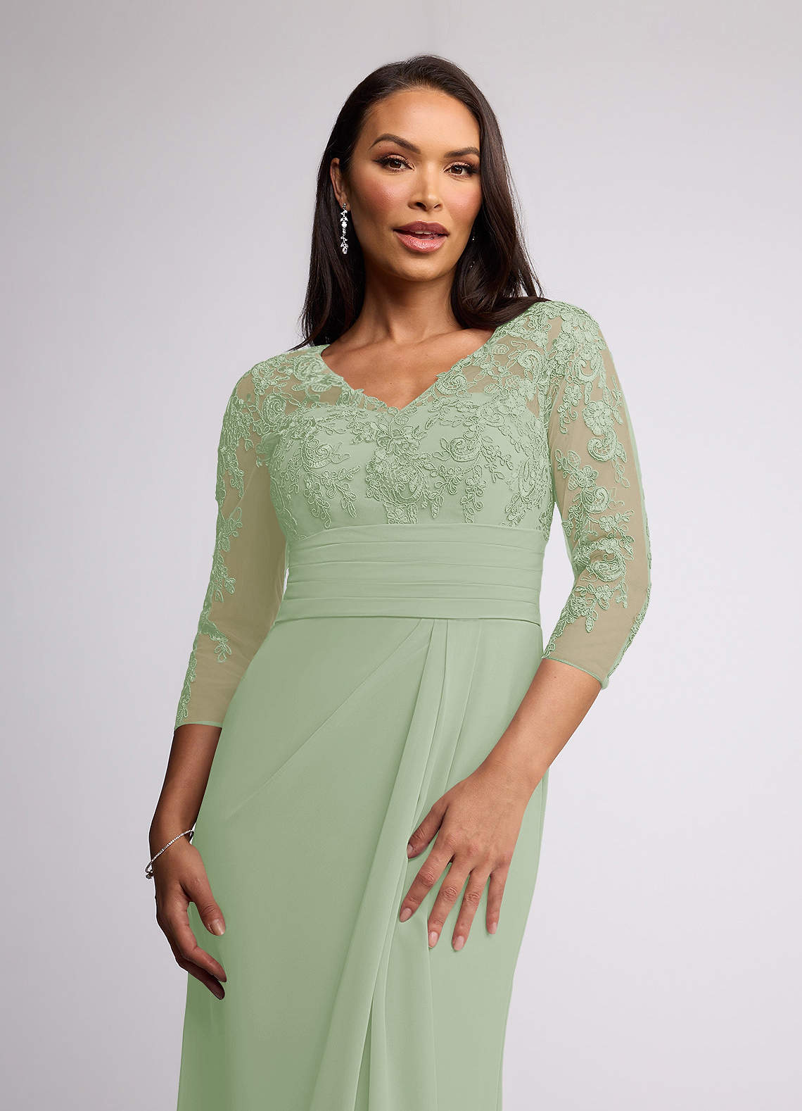 Dusty Sage Sheath V-Neck Lace Chiffon Dress