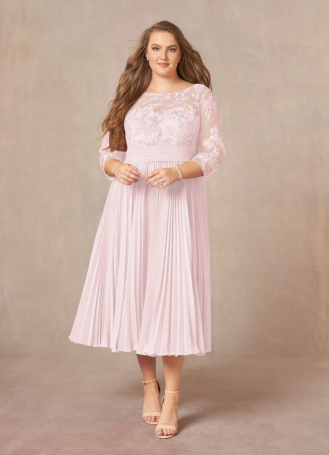 Blushing Pink A-Line Boatneck Lace Chiffon Dress