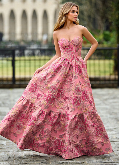 Rosemarnder Rose Pink Jacquard Flowers Prom Dress