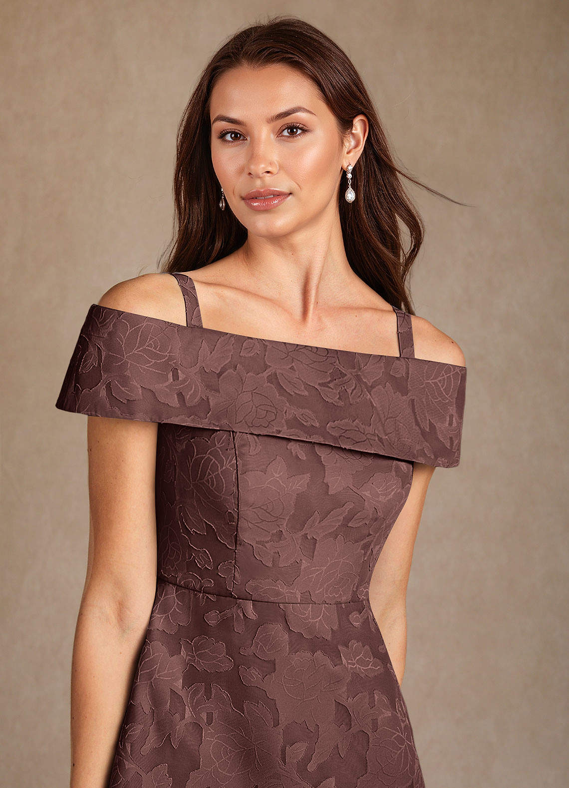 Espresso A-Line Off the Shoulder Floral Burnout Dress