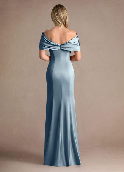 Dusty Blue Mermaid Pleated Stretch Satin Dress
