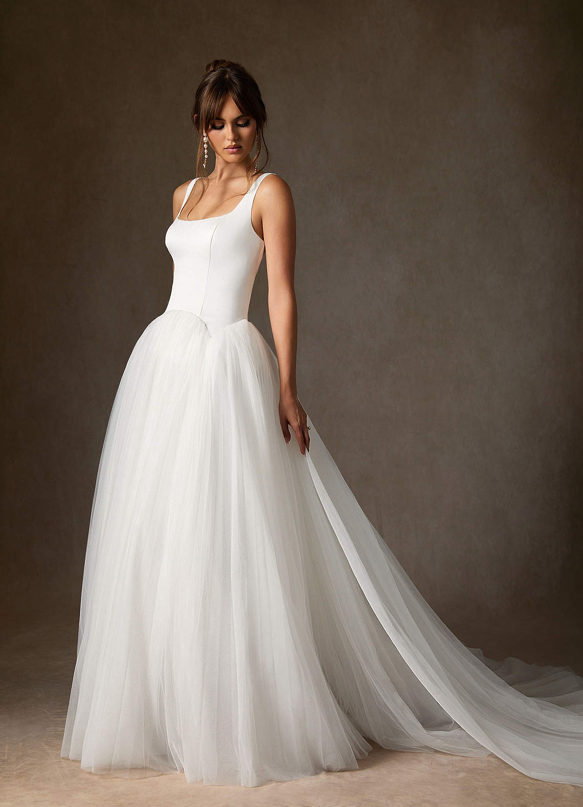 Diamond White A-Line Detachable Train Double Faced Satin Dress