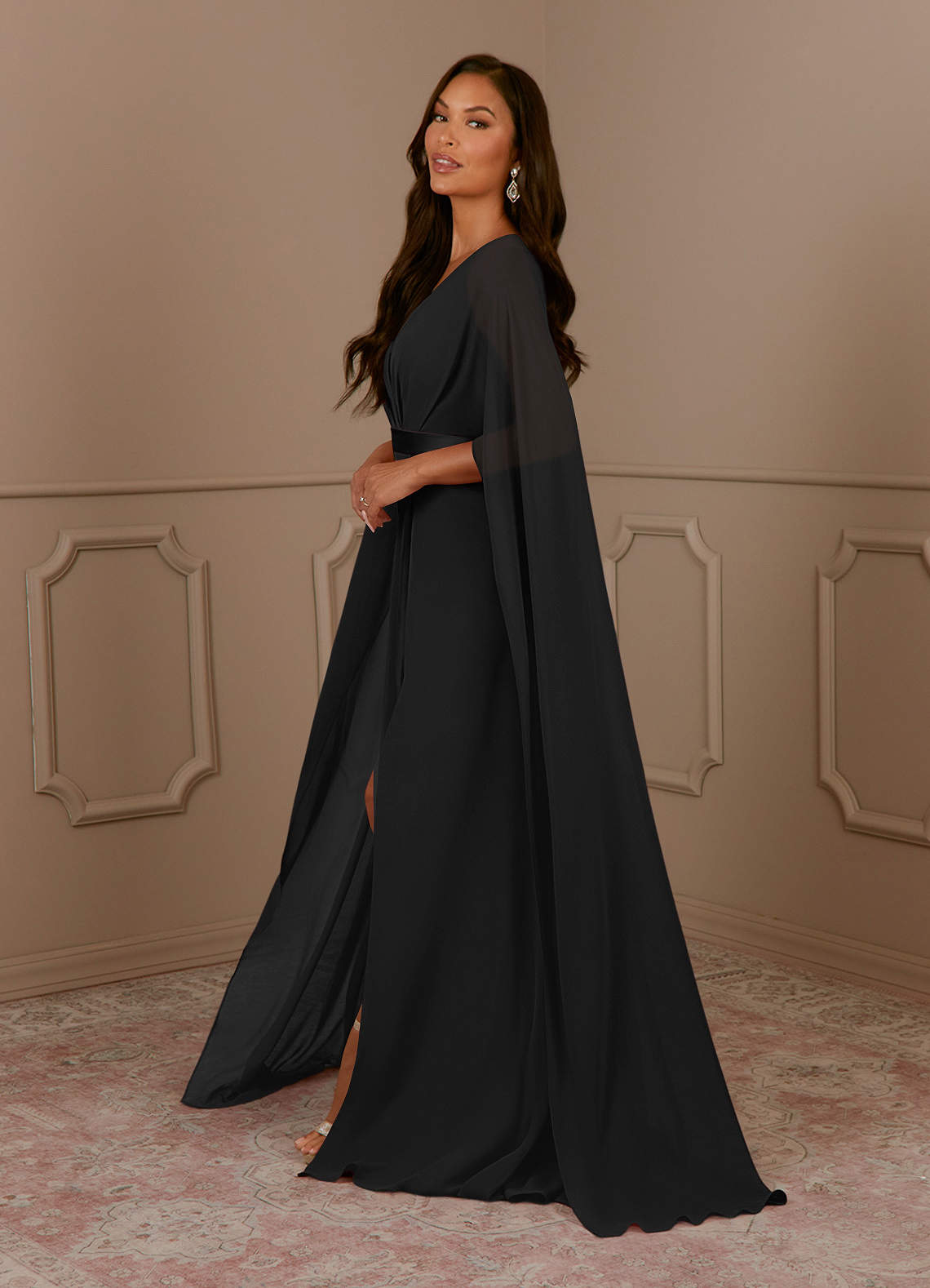 Black A-Line V-Neck Pleated Chiffon Dress