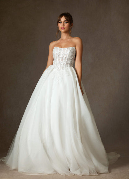 Diamond White Ball-Gown Strapless Lace Dress
