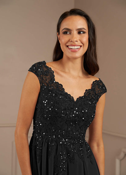Black A-Line V-Neck Sequins Chiffon Dress