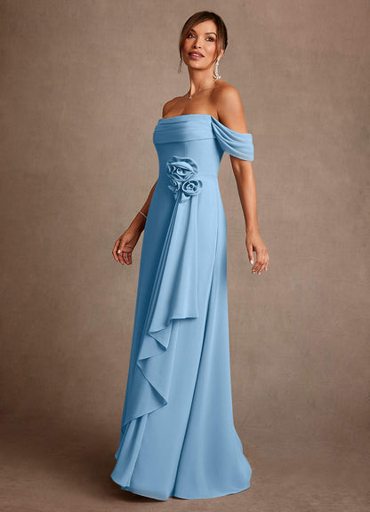 Steel Blue A-Line Off the Shoulder Chiffon Dress