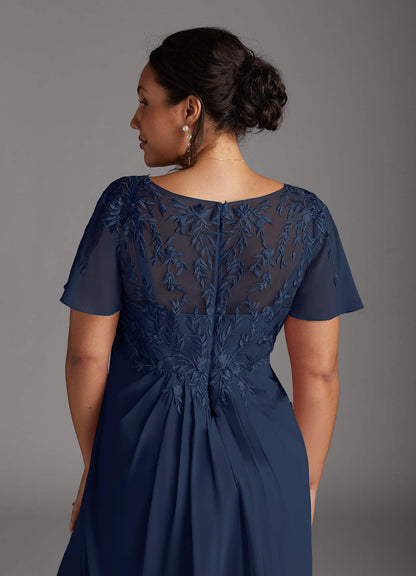 Dark Navy A-Line V-Neck Lace Chiffon Dress