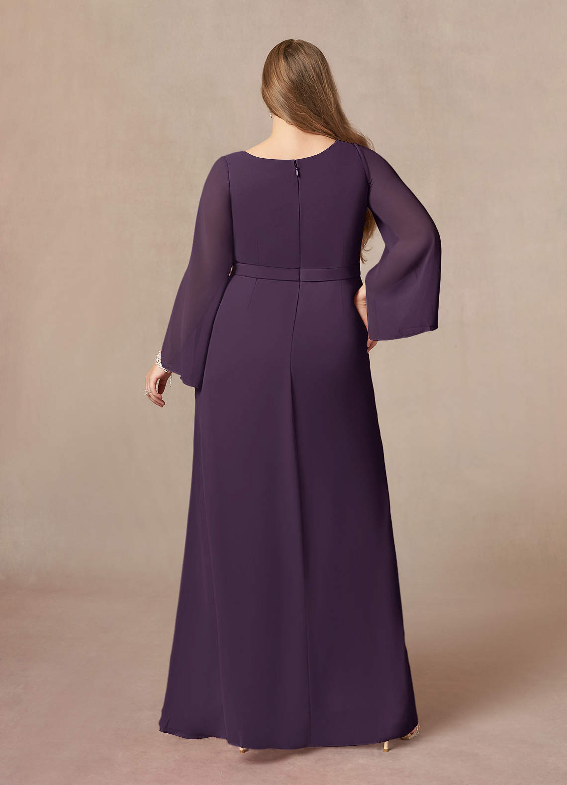 Plum A-Line V-Neck Pleated Chiffon Dress