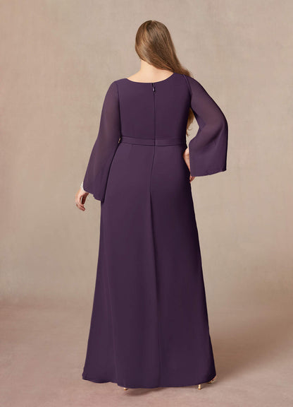 Plum A-Line V-Neck Pleated Chiffon Dress