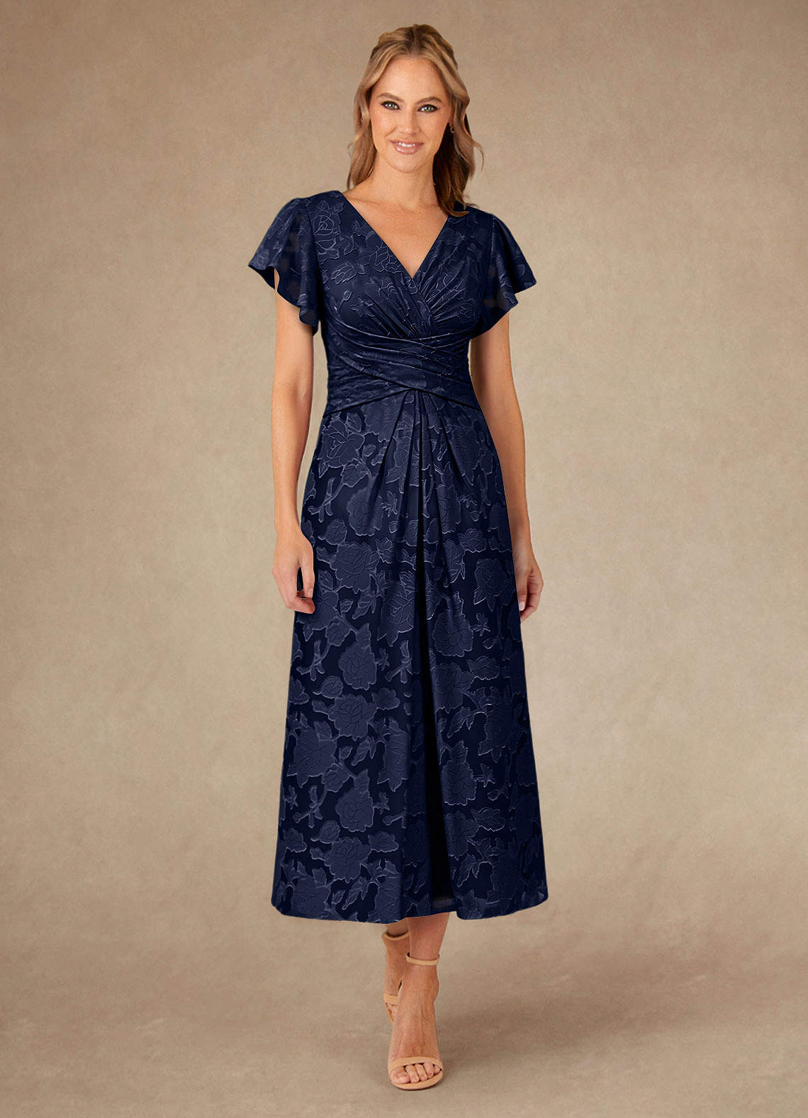 Dark Navy A-Line Pleated Floral Burnout Dress
