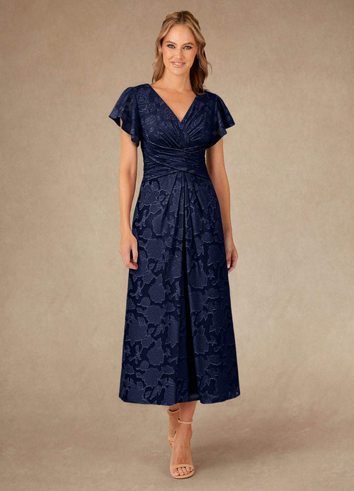 Dark Navy A-Line Pleated Floral Burnout Dress